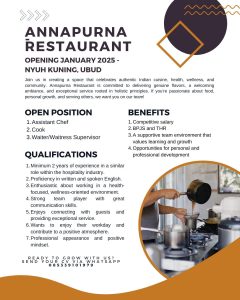 Lowongan Kerja Sebagai Assistant Chef, Cook, Waiter/ss Supervisor untuk Annapurna Restaurant Penempatan di Ubud, Gianyar
