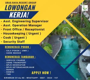 Lowongan Kerja Sebagai Asst. Engineering SPV, Asst. Operation Manager, Front Office / Receptionist, Dll untuk Ubud Raya Resort Group Penempatan di Gianyar