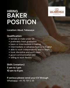 Lowongan Kerja Sebagai Baker untuk Salzbrezeln Penempatan di Ubud, Gianyar