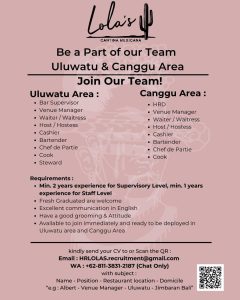 Lowongan Kerja Sebagai Bar Spv, Venue Manager, Waiter/ss, Host/Hostess, Cashier, Bartender, Chef de Partie, Dll untuk Lola’s Cantina Mexicana Penempatan di Badung