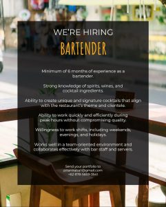 Lowongan Kerja Sebagai Bartender, Cook, Waiter/Waitress, Admin Finance untuk Pitanira Restaurant Penempatan di Benoa, Badung