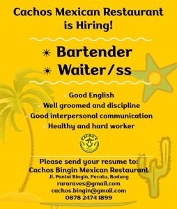 Lowongan Kerja Sebagai Bartender, Waiter/ss untuk Cachos Mexican Restaurant Penempatan di Pecatu, Badung