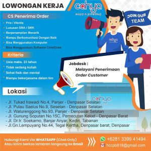 Lowongan Kerja Sebagai CS Penerima Order untuk Cahya Copy & Printing Penempatan di Bali