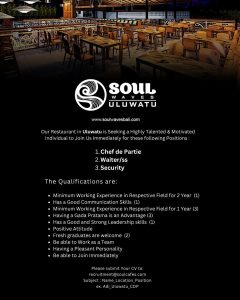 Lowongan Kerja Sebagai Chef de Partie, Waiter/Waitress, Security untuk Soul Waves Penempatan di Uluwatu, Badung