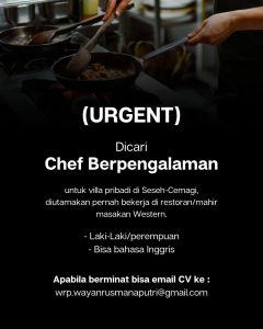 Lowongan Kerja Sebagai Chef untuk Villa Pribadi Penempatan di Seseh, Badung