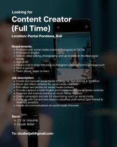 Lowongan Kerja Sebagai Content Creator untuk Studio Djati Penempatan di Badung