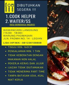 Lowongan Kerja Sebagai Cook Helper, Waiter/ Waiterss untuk Warung Padmasari Penempatan di Legian, Badung