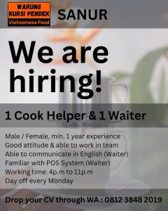 Lowongan Kerja Sebagai Cook Helper dan Waiter untuk Warung Kursi Pendek Penempatan di Sanur, Denpasar