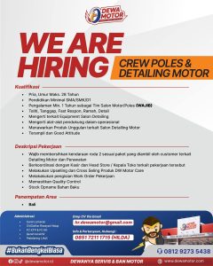 Lowongan Kerja Sebagai Crew Poles & Detailing Motor, Mekanik dan Crew Cuci Steam untuk Dewa Motor Penempatan di Bali