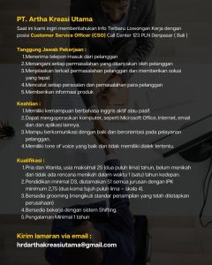 Lowongan Kerja Sebagai Customer Service Officer (CSO) untuk PT. Artha Kreasi Utama Penempatan di Sesetan, Denpasar 