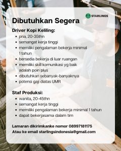 Lowongan Kerja Sebagai Driver Kopi Keliling, Staf Produksi untuk Starlings Indonesia Penempatan di Bali