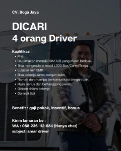 Lowongan Kerja Sebagai Driver untuk CV. Boga Jaya Penempatan di Denpasar 