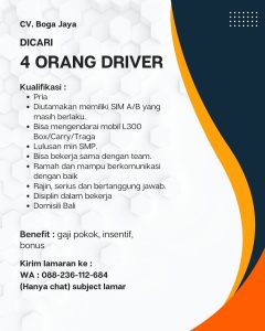 Lowongan Kerja Sebagai Driver untuk CV. Boga Jaya Penempatan di Denpasar