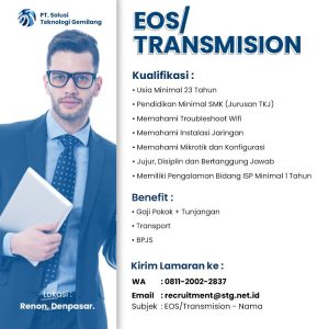 Lowongan Kerja Sebagai EOS/Transmision untuk PT. Solusi Teknologi Gemilang Penempatan di Denpasar 