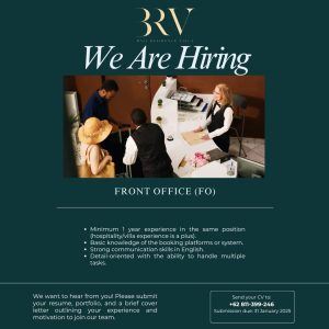 Lowongan Kerja Sebagai Front Office, Sales & Marketing Manager dan E-commerce Staff, Villa Supervisor & Villa Attendant, Dll untuk BRV Bali Residence Villa Penempatan di Ungasan, Badung