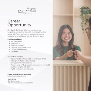 Lowongan Kerja Sebagai HR Coordinator, Front Office, Junior Accountant, OTA Specialist/Reservation, Dll untuk Bali Bustle Penempatan di Kuta, Badung 