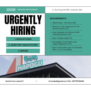 Lowongan Kerja Sebagai Head Kitchen, Assistant Head Kitchen, Server  untuk Mapogu Restaurant Penempatan di Jimbaran, Badung 