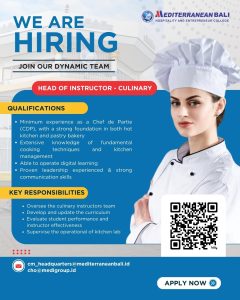 Lowongan Kerja Sebagai Head of Instructor Culinary, Culinary Operation, Head of Instructor English, Daily Worker Cleaning Service untuk Mediterranean Bali Penempatan di Denpasar