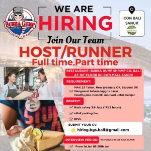 Lowongan Kerja Sebagai Host / Runner untuk Bubba Gump Penempatan di Icon Mall Sanur, Denpasar