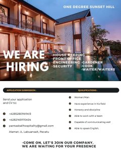 Lowongan Kerja Sebagai Housekeeping, Front Office, Engineering, Security, Gardener, Cook, Waiter/ss untuk One Degree Sunset Hill Penempatan di Pecatu, Badung