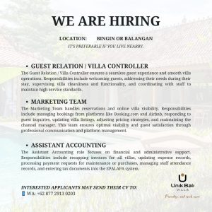 Lowongan Kerja Sebagai Housekeeping Villa, Pool Controller, Gardener & Pool Man, Guest Relation, Marketing, Assistant Accounting untuk Unik Bali Villa Penempatan di Badung