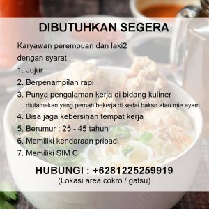 Lowongan Kerja Sebagai Karyawan/Karyawati untuk Bakso Pelopor Penempatan di Denpasar