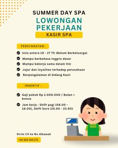 Lowongan Kerja Sebagai Kasir SPA untuk Summer Day SPA Penempatan di Kuta, Badung