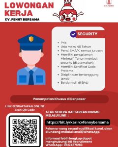 Lowongan Kerja Sebagai Kasir, Security, Store Crew, Worker Support untuk CV. Fenny Bersama Penempatan di Denpasar 