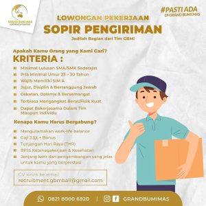 Lowongan Kerja Sebagai Kasir Transaksi, Admin Gudang, Helper Gudang, Admin HRD dan Supir Pengiriman  untuk Grand Bumi Mas Penempatan di Denpasar