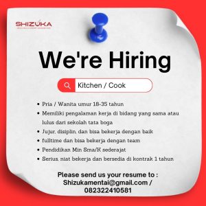 Lowongan Kerja Sebagai Kitchen/Cook, Admin/Kasir untuk Shizuka Mentai Penempatan di Denpasar