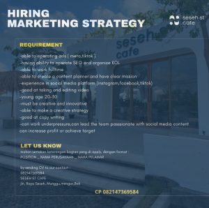 Lowongan Kerja Sebagai Marketing Strategy untuk Seseh St Cafe Penempatan di Mengwi, Badung