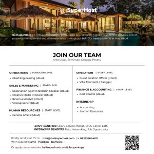 Lowongan Kerja Sebagai Operations, Sales & Marketing, Finance & Accounting, Internship, Dll untuk Bali SuperHost Penempatan di Bali