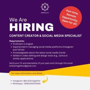 Lowongan Kerja Sebagai Part Time / Remote Content Creator & Social Media Specialist untuk Brilliant Together Penempatan di Bali