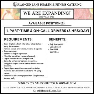 Lowongan Kerja Sebagai Part-time & On Call Driver untuk Balanced Lane Health & Fitness Catering Penempatan di Denpasar