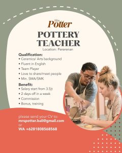 Lowongan Kerja Sebagai Pottery Teacher, Admin Staff untuk Mrs Potter Bali Penempatan di Pererenan, Badung
