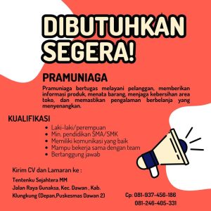 Lowongan Kerja Sebagai Pramuniaga untuk Tentenku Sejahtera MM Penempatan di Klungkung