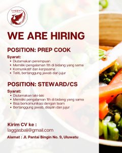 Lowongan Kerja Sebagai Prep Cook, Steward/CS untuk Laggas Bali Penempatan di Uluwatu, Badung