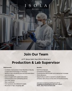 Lowongan Kerja Sebagai Production & Lab Supervisor untuk PT Banyu Sakti Jaya (Isola Wine) Penempatan di Singaraja, Buleleng