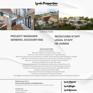 Lowongan Kerja Sebagai Project Manager, General Accounting, Receiving Staff, Legal Staff, HR Admin untuk Lyvin Properties Penempatan di Badung