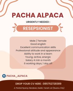 Lowongan Kerja Sebagai Resepsionist untuk Pacha Alpaca Penempatan di Tabanan