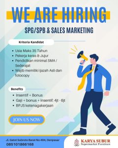 Lowongan Kerja Sebagai SPG/SPB & Sales Marketing untuk Karya Subur Penempatan di Denpasar