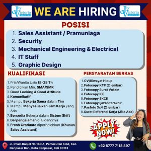 Lowongan Kerja Sebagai Sales Assistant/Pramuniaga, Security, Mechanical Engineering & Electrical, IT Staff, Graphic Designer untuk Joy Victoria Indonesia Penempatan di Denpasar