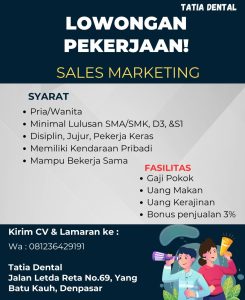 Lowongan Kerja Sebagai Sales Marketing untuk Tatia Dental Penempatan di Denpasar