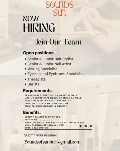 Lowongan Kerja Sebagai Senior & Junior Hair Stylist, Senior & Junior Nail Artist, Waxing Specialist, Dll untuk Sounds of Sun Penempatan di Canggu, Badung