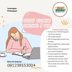 Lowongan Kerja Sebagai Staff Admin / Online Wa untuk Iswari Kitchen Penempatan di Denpasar