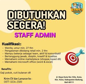 Lowongan Kerja Sebagai Staff Admin untuk KING Petshop Penempatan di Kuta, Badung 