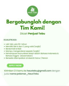 Lowongan Kerja Sebagai Staff Outlet untuk Haus Tebu Penempatan di Denpasar