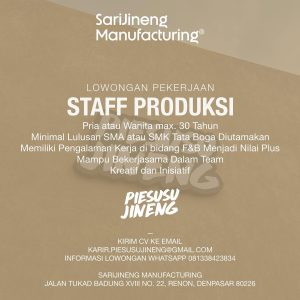 Lowongan Kerja Sebagai Staff Produksi untuk SariJineng Manufacturing Penempatan di Denpasar