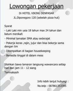 Lowongan Kerja Sebagai Staff untuk Hotel Viking Penempatan di Denpasar