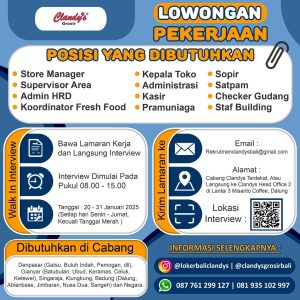 Lowongan Kerja Sebagai Store Manager, Supervisor Area, Admin HRD, Koordinator Fresh Food, Dll untuk Clandy’s Penempatan di Bali 